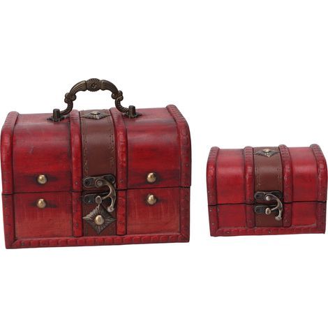 2 Pièces Coffre au Trésor en Bois Style Rétro Rouge, Boîte à Bijoux Vintage Multi-usage pour Table de Bureau ou Chambre (1/5)
