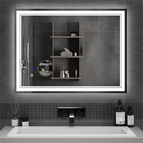 Miroir de Salle de Bain avec Éclairage, Miroir Mural LED avec Interrupteur Tactile et Antibuée, Loupe 5X Detachable avec Luminosité Ajustable, Style Moderne pour Salle de Bain, 80 x 60 cm (1/5)