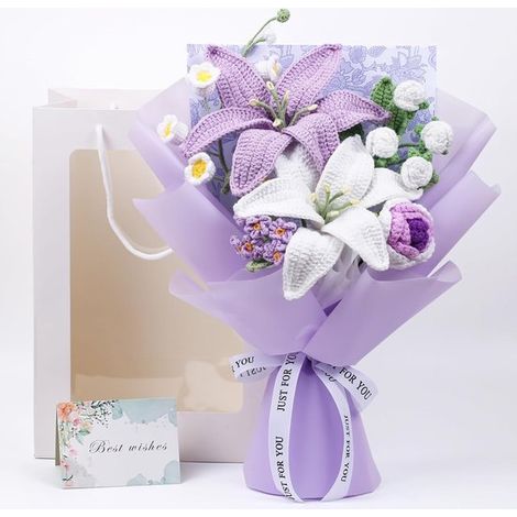 1 Bouquet fait main, fleurs au crochet, roses et lys, décoration intérieure, cadeau anniversaire mariage (1/2)
