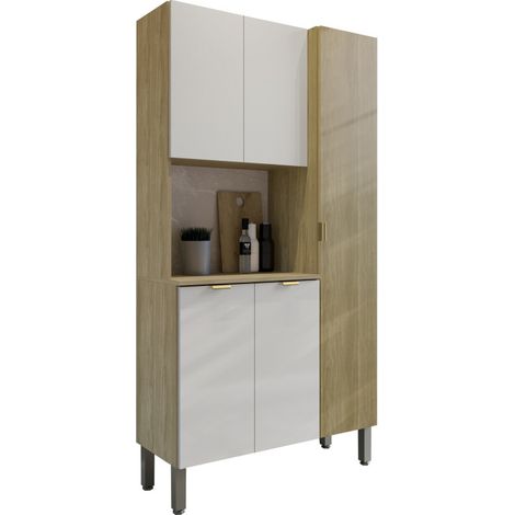 Buffet 5 Portes 9 Niches Chêne et Blanc Ecru MELISSA L 91.5 H 176 P 36.3 cm