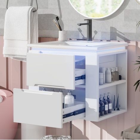 Meuble vasque suspendu 61x46x48,5 cm blanc en MDF et céramique, 2 tiroirs (1/5)