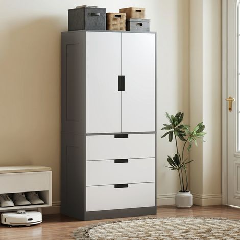 Armoire dressing 2 portes ambre, 3 tiroirs et tringle, fermeture amortie, 80x50x180 cm, gris/blanc, meuble chambre moderne (1/5)