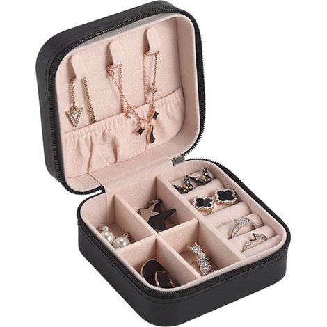 Écrin à bijoux de voyage noir, grande capacité 10x10x5cm, organisateur anti-rayures portable pour extérieur et déplacements.