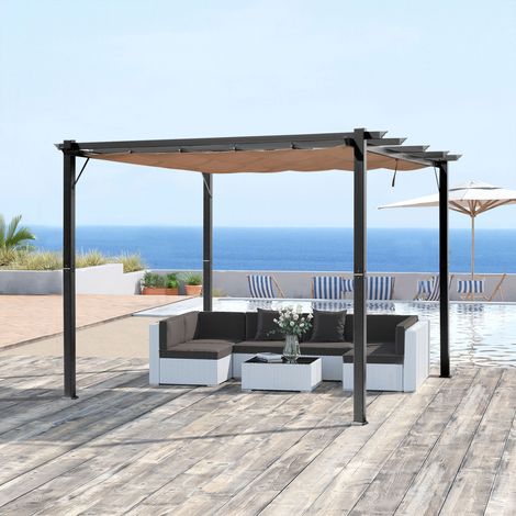 Pergola avec toit en toile ajustable, 3 x 4 m, auvent de terrasse en aluminium, protection solaire, gris et marron.