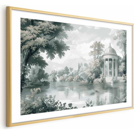 Poster – Landschaft mit Park und See in Retro-Grüntönen (1/4)