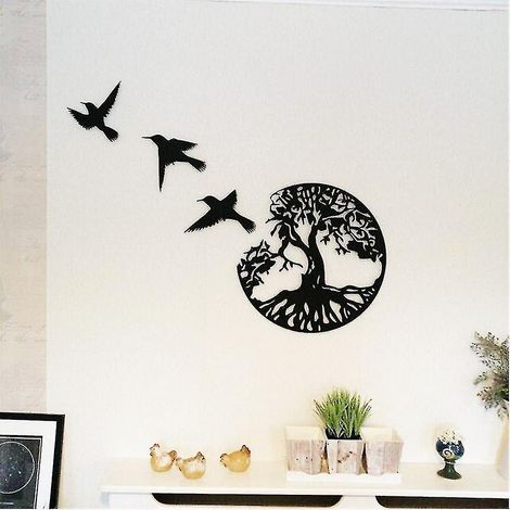 Arbre de Vie en métal et 3 oiseaux - Décoration murale artisanale pour salon (1/5)