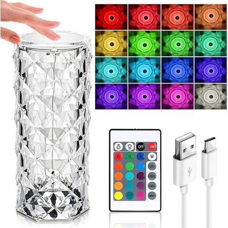 Lámpara de cristal LED de 16 colores, control táctil RGB, lámpara de mesa de cristal rosa, 4 modos, lámpara de cristal USB con control remoto, lámpara de mesita de noche con forma de diamante que camb (1/5)