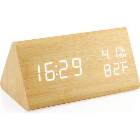 Horloge Numérique En Bois - Affichage Heure Température Humidité - Réglage Luminosité Voix - Alimentation USB - 1 Pièce