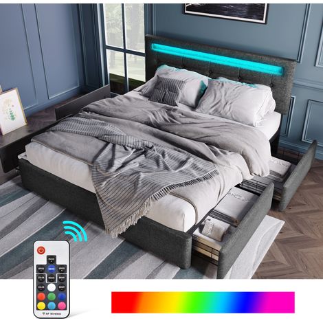 Polsterbett 140/200 cm grau aus Leinen mit LED-Kopfteil und 4 Schubladen (1/5)