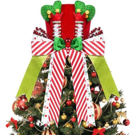 Chapeau De Sapin De Noël - Velours Rouge - Pattes Delfe Et Nœud Allongé - Décoration Arbre Festive - 1 Pièce (1/5)