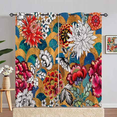 Rideau Occultant Coloré Fleur Échelle de Poisson Tenture Opaque à Oeillets Draperies Intérieurs Rideau Thermique Isolant pour Maison Chambre Salon Fenetre 2 Pièces L 140 x H 280 cm - 140L X 280H cm (2 (1/5)