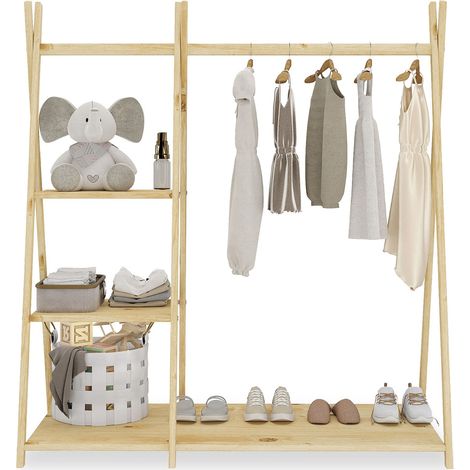 Idimex – Armoire enfant avec 3 étagères en pin massif – Coloris naturel – Design compact pour petits espaces – Barre penderie incluse