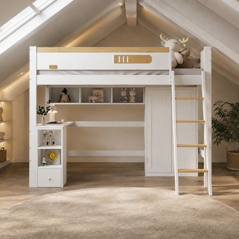 Cama infantil 90x200 cm con escritorio, armario y estantes, blanco y natural HAVRYA (1/5)