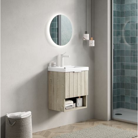 Mobile lavabo sospeso moderno 42 cm con lavabo integrato in ceramica bianca, 2 ante e vano aperto, rovere crema (1/5)