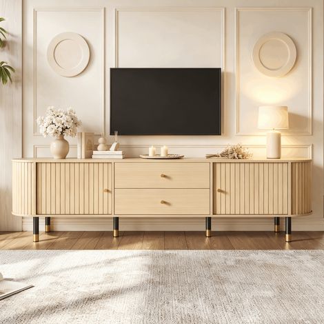 Meuble TV bas ovale 180 x 40 x 58 cm pour TV 75 pouces, 2 portes coulissantes, 2 tiroirs, grand rangement, effet bois naturel (1/5)