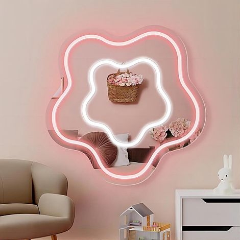 Miroir néon en forme de fleur : Alimenté par USB avec luminosité réglable — parfait pour les chambres à coucher, les chambres d'enfants, les salons et les soirées. (1/5)