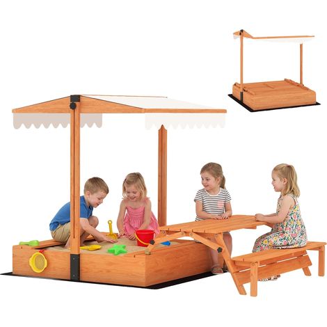 Bac à sable pour enfants, construction en bois durable, auvent réglable, Marron (1/2)