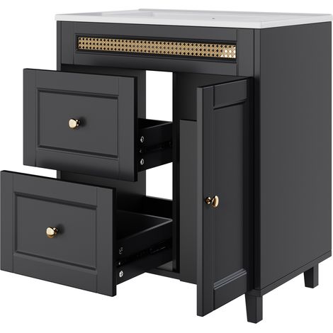 CAIziMeuble vasque de salle de bains sur pied 76x46x86,5cm, doubles rails de tiroirs silencieux, portes avec fermeture douce, poignées dorées et détails en rotin, lavabo en céramique, noir (1/5)