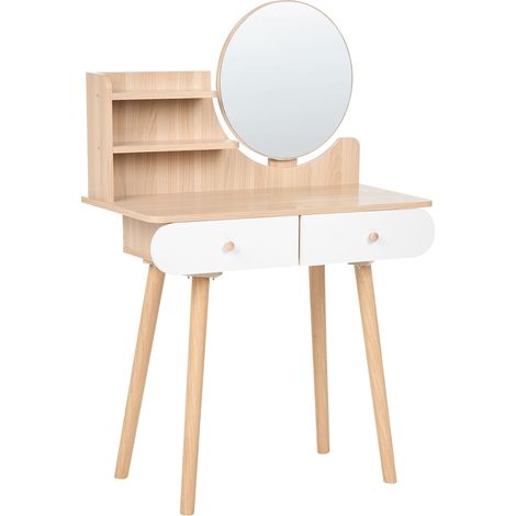Toeletta con specchio rotondo in MDF con finitura decorativa effetto legno 2 cassetti bianco Chambly