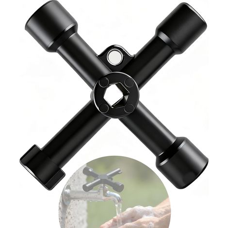 Clé Multifonction 6-en-1 avec Clé Triangle Cle Pompier pour Compteurs Gaz Armoires Électriques Robinetterie, Noir (1/5)
