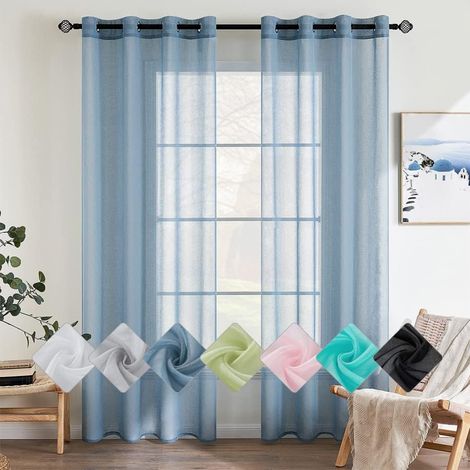 Couleur Pure Rideaux De Fenêtre Transparents Lisse Panneaux Voile De Fenêtre Rideaux Élégant Traitement pour Chambre Salon Rideaux à Oeillets 2 Panneaux 140x145cm Nile Bleu (1/5)