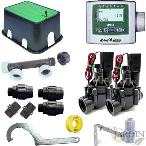 Kit Riego Automatico 2 zonas 9V Rain Bird para Tuberia 32mm Incluye Programador a Pilas, Electrovalvulas y Accesorios (1/3)