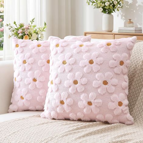 Juego de 2 fundas de cojín decorativas de terciopelo de lana suave y afelpada para primavera/verano, estilo lujoso para sofá/dormitorio - Flores rosas, 45 x 45 cm (1/5)
