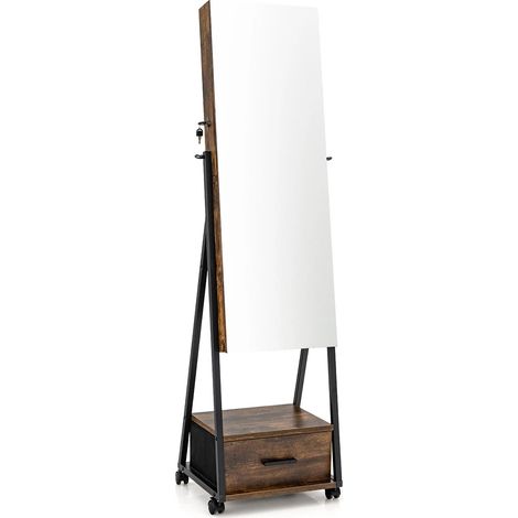 Armoire à bijoux marron en MDF avec miroir pleine longueur, rangements, tiroir, serrure et roulettes pour chambre et dressing (1/5)