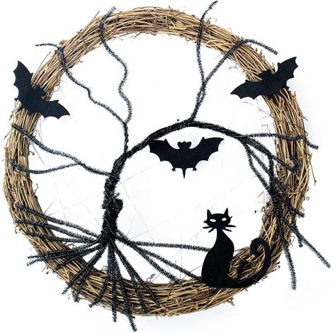 Couronnes d'halloween pour Porte d'entrée Chat Noir Effrayant illuminé  Couronne De Chauve-Souris Pour Porte D'Entrée D'Halloween pour porche porte couloir patio jardin cour fenêtre (1/5)