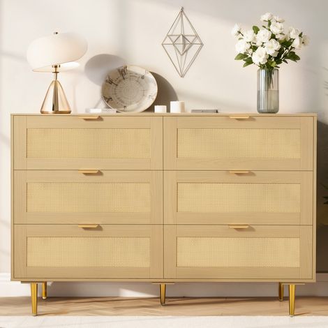 VEVOR Cómoda de Ratán con 6 Cajones, Tiradores y Patas Metálicas, Amplio Espacio de Almacenamiento, Mueble Moderno para Dormitorio, Salón o Recibidor, 120 x 39,5 x 85,4 cm, Color Madera Natural