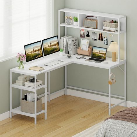 Bureau en L avec Rangement Table d'Angle pour Ordinateur avec Étagères de Rangement et Accroche-casque Bureau de Gamer Blanc (1/3)