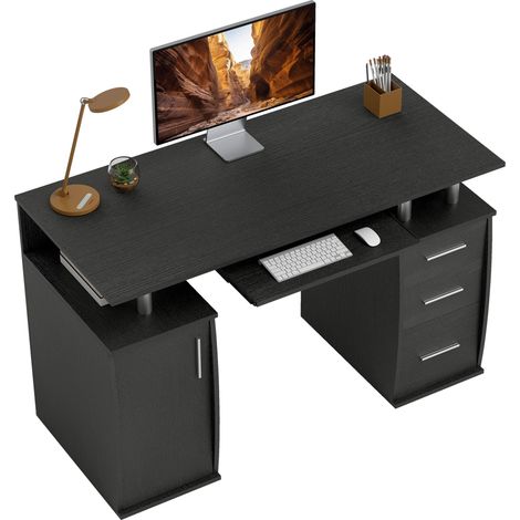Bureau d'ordinateur - HOMCOM - plateau pour clavier, 3 tiroirs, support pour unité centrale - bois - 120 x 55 x 75 cm - noir (1/5)