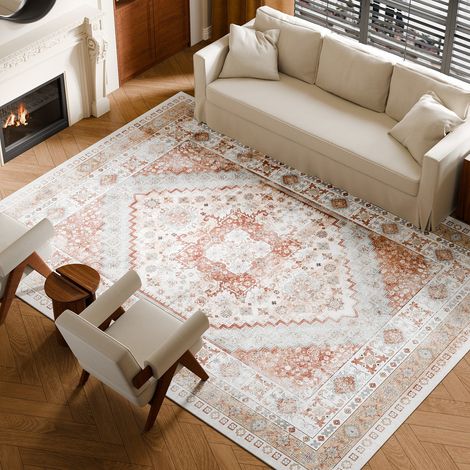Tapis Salon, 2,7x3,7 m, Grand Tapis Chambre Lavable et Antidérapant, Poils Courts et Denses, Résistant aux Griffures Animaux, Doux, Style Vintage, pour Chambre, Bureau, Entrée, Marron et Rouge (1/5)