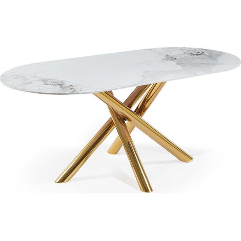 Table ovale 90x180cm Rusking Effet marbre blanc et pieds croisés Métal doré (1/5)