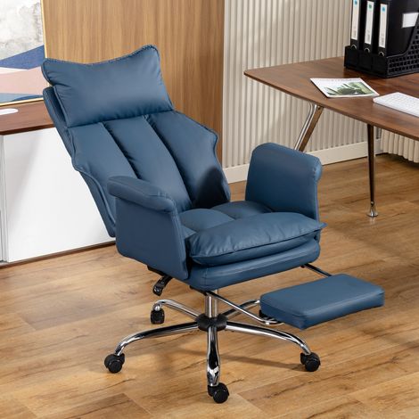 Silla de Escritorio con Reposapiés Respaldo Reclinable Alto Acolchado Grueso Tapizada en Cuero Sintético Ruedas Azul (1/5)