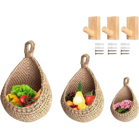 Cestino sospeso, cesto per frutta, cestino portaoggetti da parete, cestino in vimini, da parete, per verdura e frutta, salice naturale e frutta, con 3 ganci (1/5)