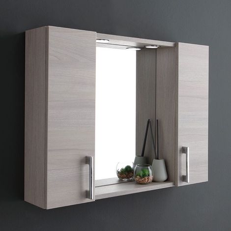 Contenedor Espejo De Baño Con Dos Muebles Altos De Madera De Roble Gris Y Led