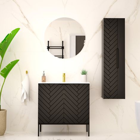 Ensemble meuble simple vasque encastrée 80cm 2 portes sur pieds et colonne Daria Noir (1/5)