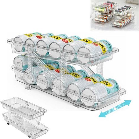 Organisateur de réfrigérateur pour canettes - Porte-canettes - Porte-canettes extensible à 2 niveaux - Étagère transparente pour canettes - Roulement automatique - Réglable de 13,8 à 21,5 cm - Gain de (1/5)