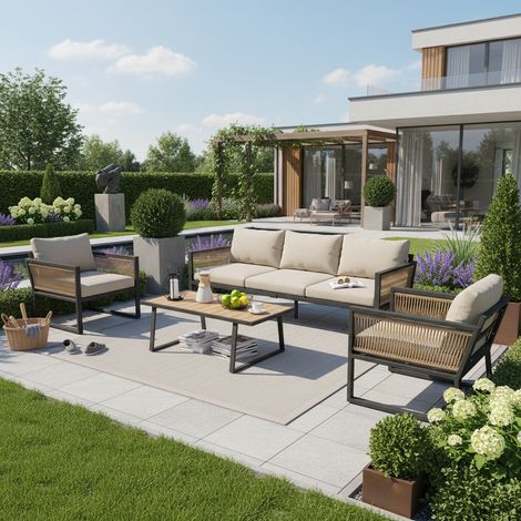 Salon de jardin 4 pièces, canapé 3 places, 2 fauteuils et table basse, extérieur, plateau en bois plastique, accoudoirs en corde tressée, acier galvanisé, beige