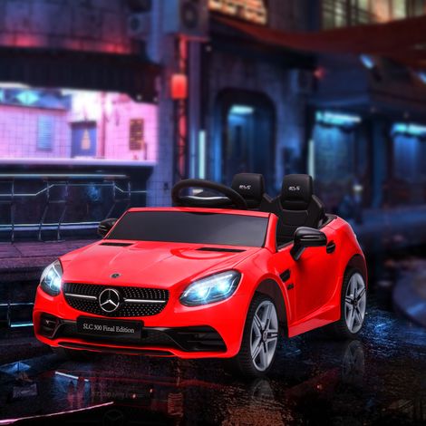 Elektroauto für Kinder von 3–6 Jahren, 12 V, lizenziertes Mercedes SLC 300, 3–5 km/h, mit 2 Motoren, Federung, Fernbedienung, Musik, Hupe und Scheinwerfern, aus PP und Metall, rot