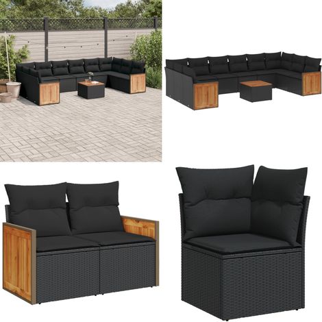 Set Divani da Giardino 11 pz con Cuscini in Polyrattan Nero - Sedute da esterno - Cuscini da giardino