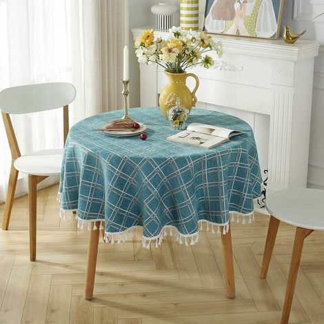 KZQ Runde Tischdecke aus Baumwollleinen, schmutzabweisend, mit Fransen, waschbar, Tischschutz, 140 x 140 cm (1/4)
