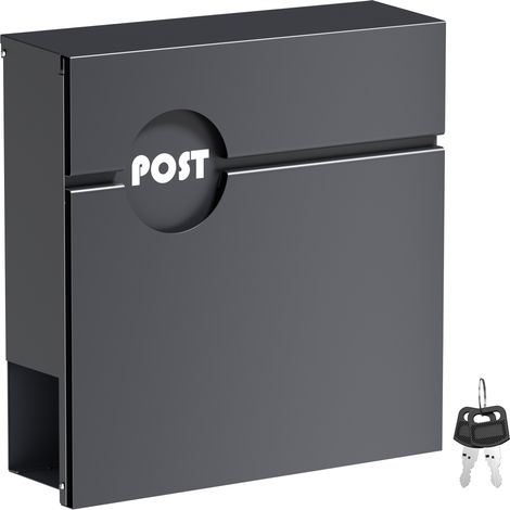 Wiltec Briefkasten Anthrazit V62 aus Stahl 37 x 11 x 37 cm, Wandbriefkasten mit Zeitungsfach und Schlüssel