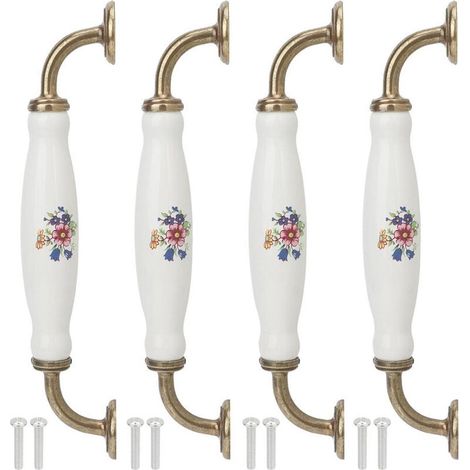 Boutons de meubles en céramique blanc - Blanc vintage - Distance 160 mm - Lot de 4 - Cuisine et meuble blanc (1/5)