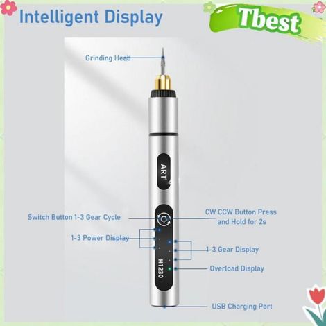 Tbest Stylo Mini Grinder Stylo à Gravure, Outil Rotatif sans Fil Rechargeable Stylo de Gravure électrique outillage pneumatique (1/4)