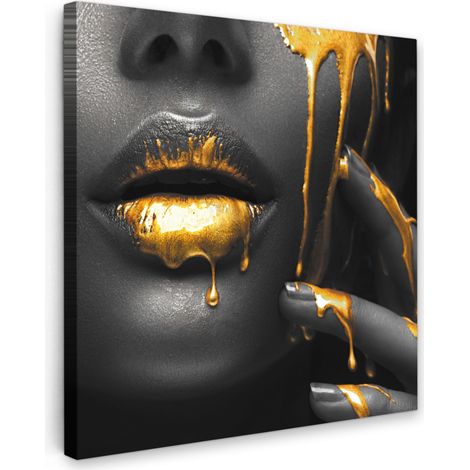 CUADRO EN LIENZO Mujer - Negro - Oro - Cara - Labios Pared Decoracion Grande 90x90 cm