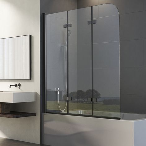 Schwarz Duschwand für Badewanne 130x140 cm Badewannenaufsatz 3-teilig Duschtrennwand für Badewanne Duschwand Badewanne Faltwand Duschabtrennung Badewanne, 6mm ESG Glas