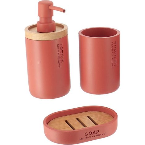 Set gobelet distributeur a savon et porte savon polyresine- terracotta/bambou - Tendance (1/2)