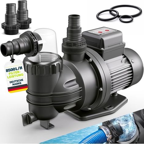 tillvex® Filterpumpe Pool mit Timer 8.500L/h & 450W  Schwimmbadpumpe Förderhöhe max.9m  Poolfilter Umwälzpumpe für 33m³ Pools  Poolpumpe selbstansaugend für Pools Aufstellpool Spa mit Vorfilter (1/5)